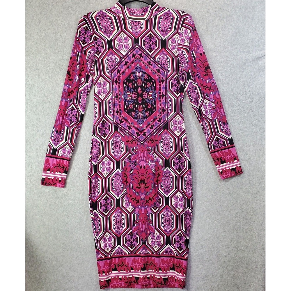 Venus Bodycon Dress Womens Small Pink Geometric Medallion Long Sleeve